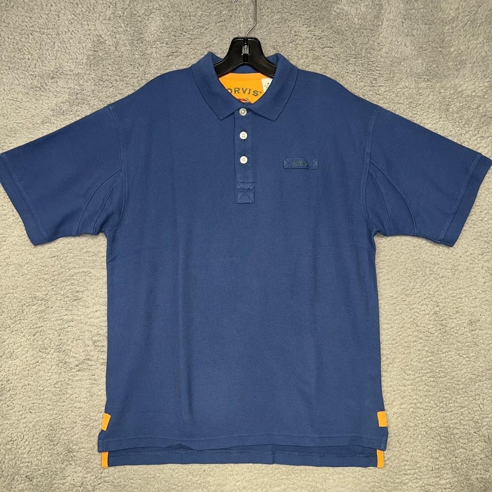 Orvis Shirt Men's Sz Medium Blue Orange Trim Polo Pique Fishing Embroidered Logo